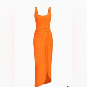 64. Micas Bright Orange Ruched Cutout Midi Dress – Size S – NWT
